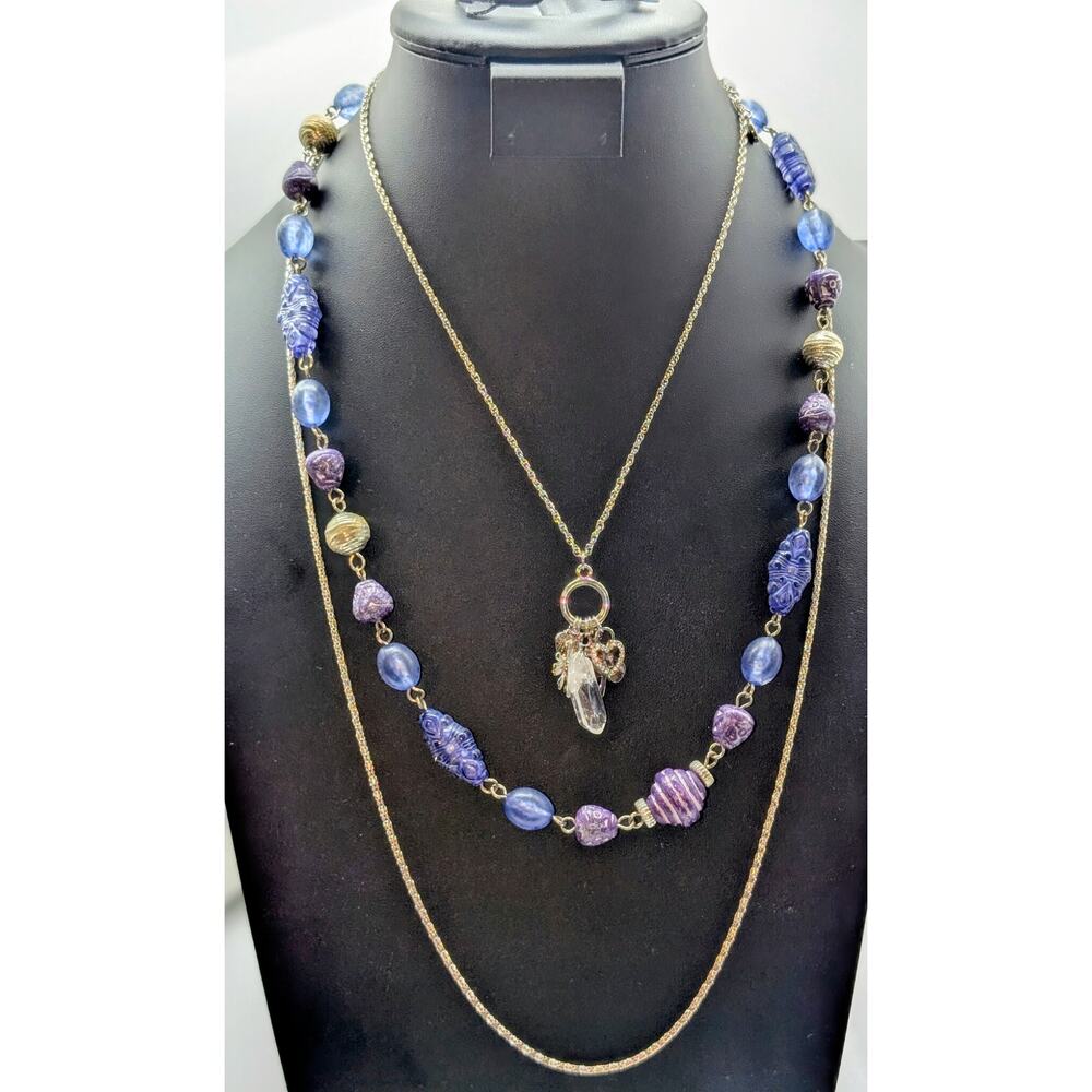 Lot of Three Silver Tone Necklaces --Vtg Long Chain Purple Bead & Charm Pendant
